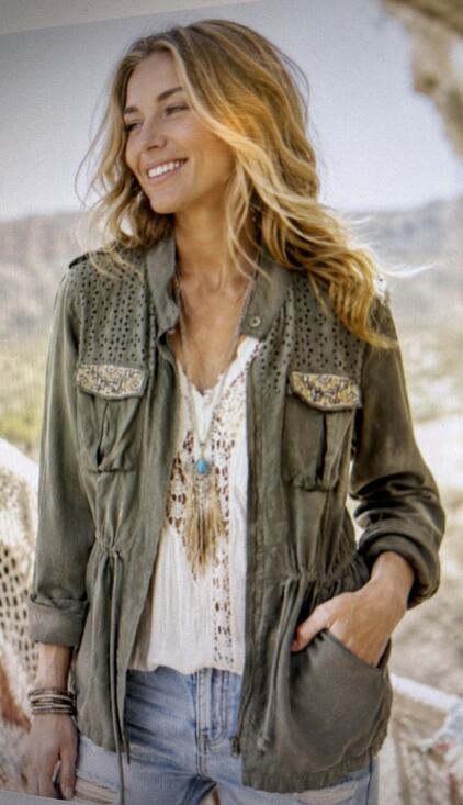 Miss Me Jackets & Blazers - Miss Me Jacket Army Green Dune Drawcord Cotton Embroidered Fairy Grunge Large